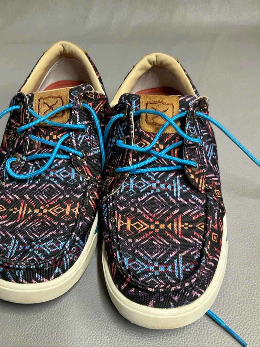 Twisted X Men’s Black Aztec-Print Boat Shoes with Bright Blue Laces